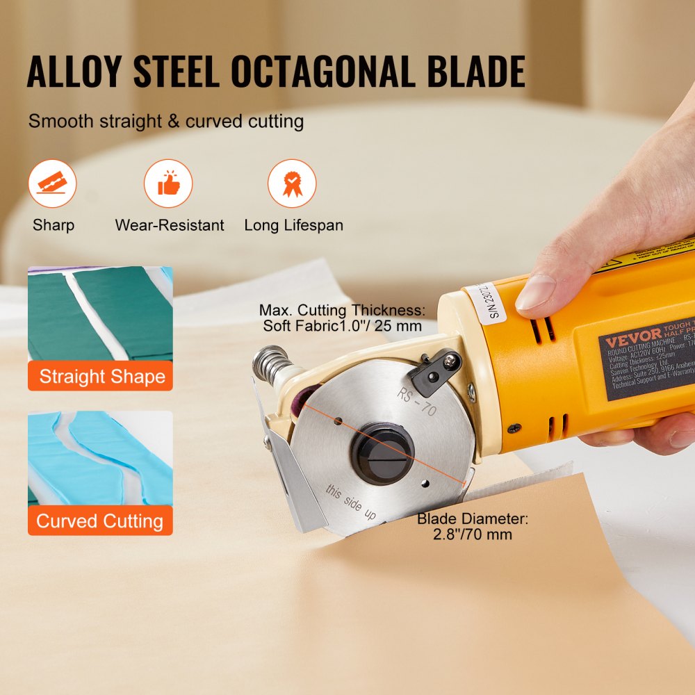 RS-70 - 170W VEVOR Rotary Fabric Cutter, Cuts 1" Thick Material