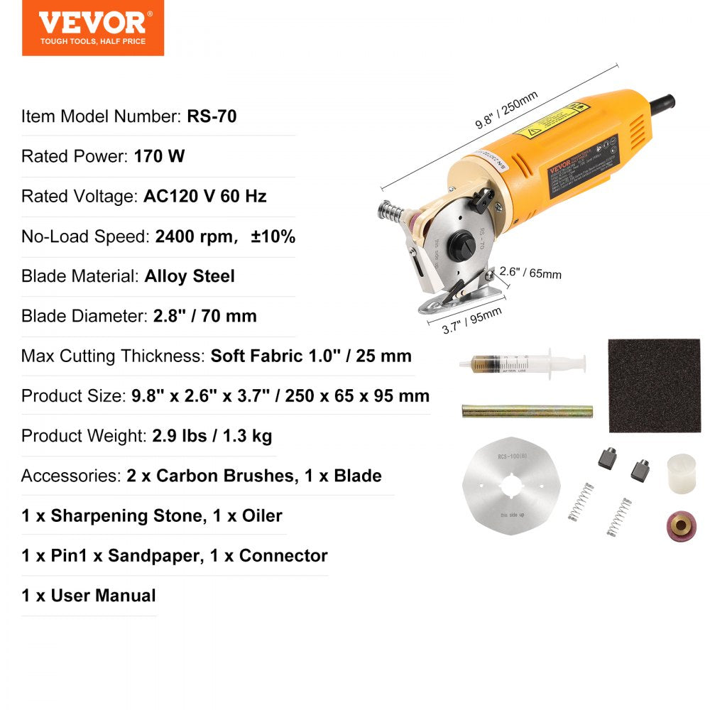 RS-70 - 170W VEVOR Rotary Fabric Cutter, Cuts 1" Thick Material