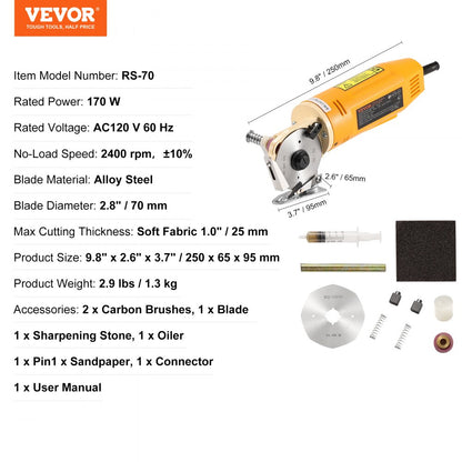 RS-70 - 170W VEVOR Rotary Fabric Cutter, Cuts 1" Thick Material
