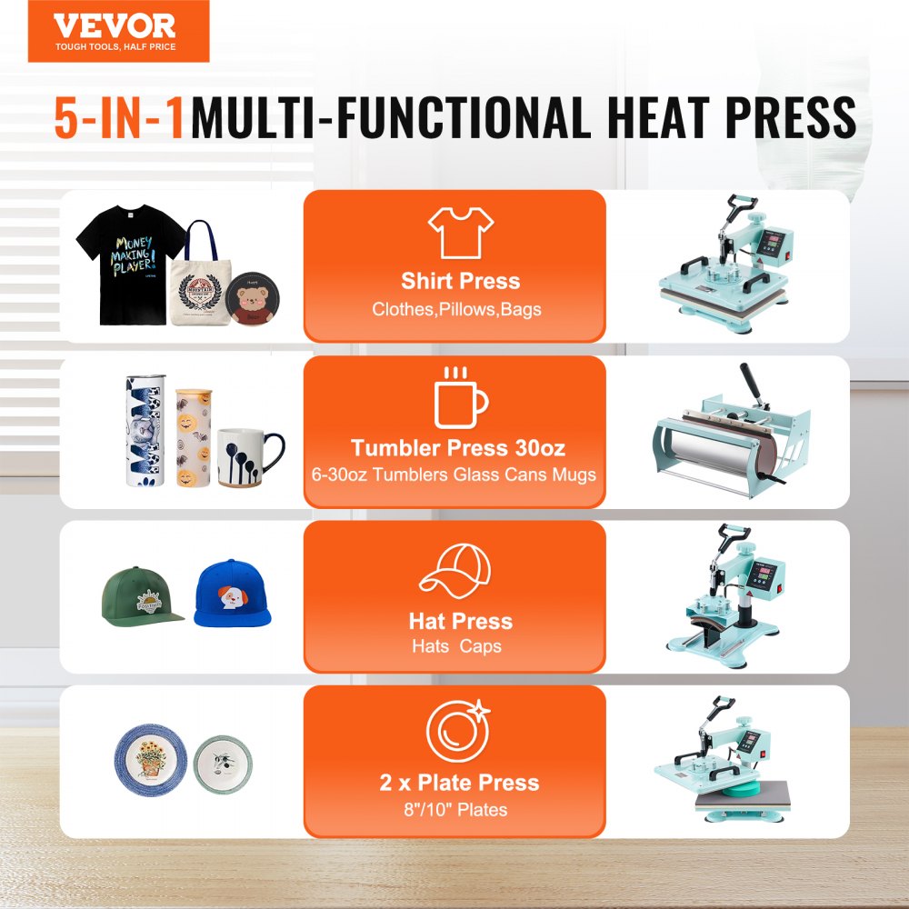 SJY-H12151M - 12x15" VEVOR 5-in-1 Heat Press for T-Shirts & Mugs
