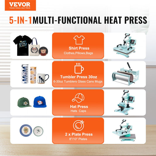 SJY-H12151M - 12x15" VEVOR 5-in-1 Heat Press for T-Shirts & Mugs