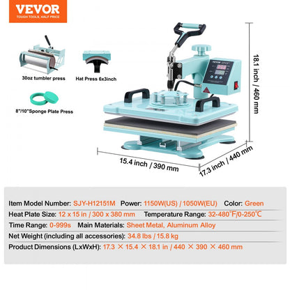 SJY-H12151M - 12x15" VEVOR 5-in-1 Heat Press for T-Shirts & Mugs