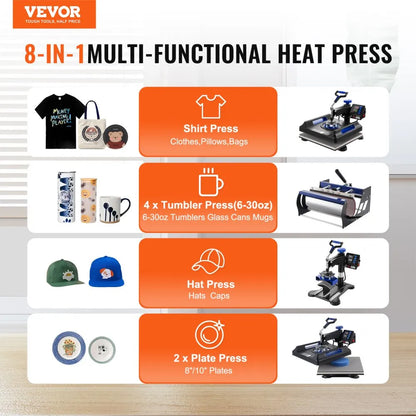 SJY-H15151P - VEVOR 8-in-1 15x15 Heat Press for T-Shirts, Mugs & Hats