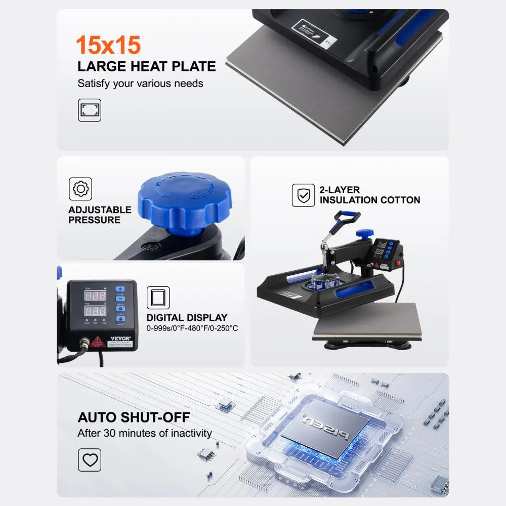 SJY-H15151P - VEVOR 8-in-1 15x15 Heat Press for T-Shirts, Mugs & Hats