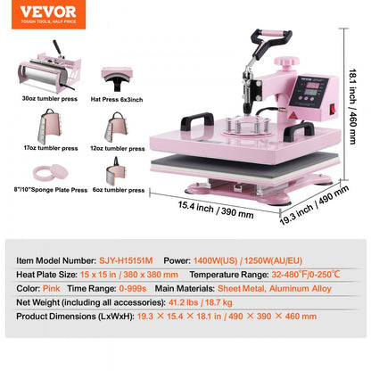 SJY-H15151M - 15x15" VEVOR Heat Press Machine with 8 Attachments and Safety Arm