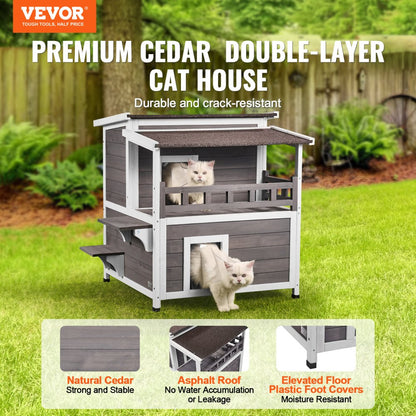 DUSCH2407 - 2-Story Wooden Cat House with Balcony & Waterproof Design
