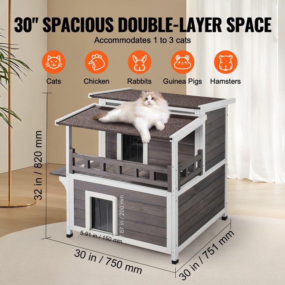 DUSCH2407 - 2-Story Wooden Cat House with Balcony & Waterproof Design
