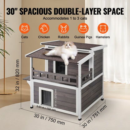 DUSCH2407 - 2-Story Wooden Cat House with Balcony & Waterproof Design