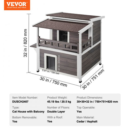 DUSCH2407 - 2-Story Wooden Cat House with Balcony & Waterproof Design