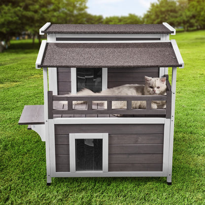 DUSCH2407 - 2-Story Wooden Cat House with Balcony & Waterproof Design