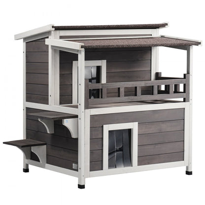 DUSCH2407 - 2-Story Wooden Cat House with Balcony & Waterproof Design