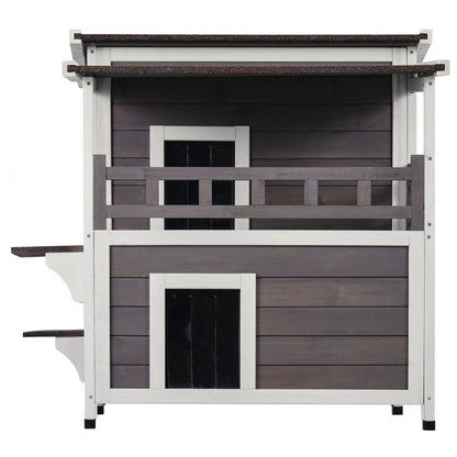 DUSCH2407 - 2-Story Wooden Cat House with Balcony & Waterproof Design