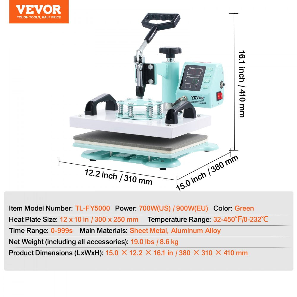TL-FY5000 - 12"x10" VEVOR Heat Press with Swing Arm & Dual Tube Heating