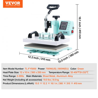 TL-FY5000 - 12"x10" VEVOR Heat Press with Swing Arm & Dual Tube Heating