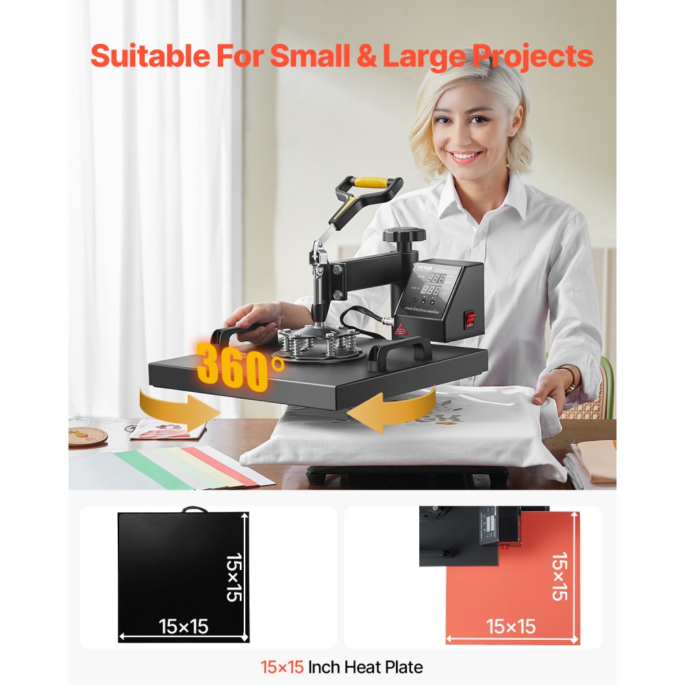 010458340979 - 15x15in VEVOR Heat Press 2-In-1 with Alarm & 360° Swing Design