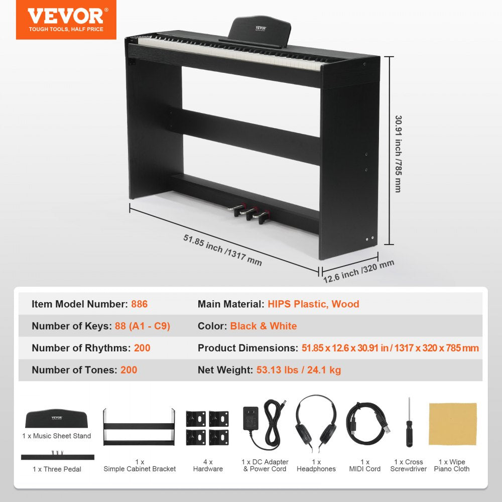 886 - VEVOR 88 Key Digital Piano with Dual Keyboard & Bluetooth