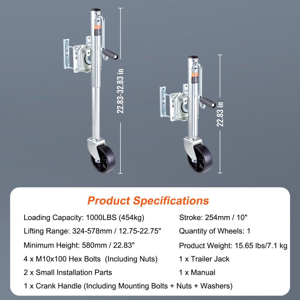 MJ-1001B - Heavy-Duty Trailer Jack for Trailers, Adjustable 32.8 in Lift