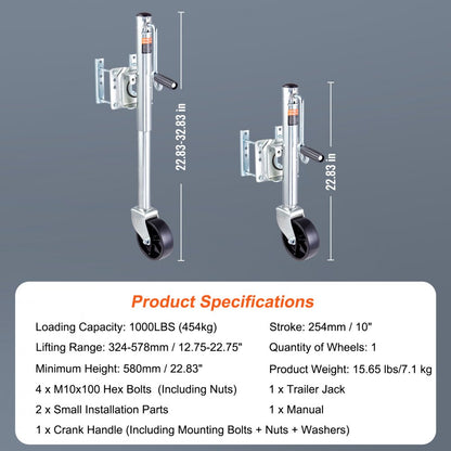 MJ-1001B - Heavy-Duty Trailer Jack for Trailers, Adjustable 32.8 in Lift