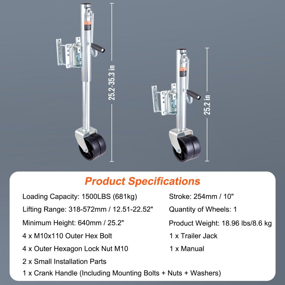 MJ-1500B-DWJ - 35.3 in Heavy-Duty Trailer Jack with PP Wheels 1500 lb Capacity