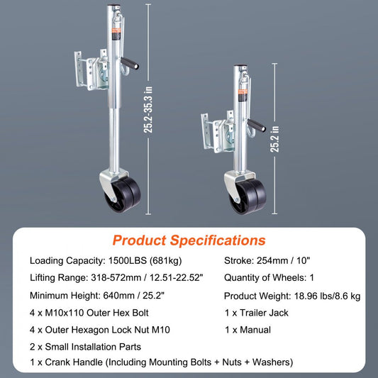 MJ-1500B-DWJ - 35.3 in Heavy-Duty Trailer Jack with PP Wheels 1500 lb Capacity
