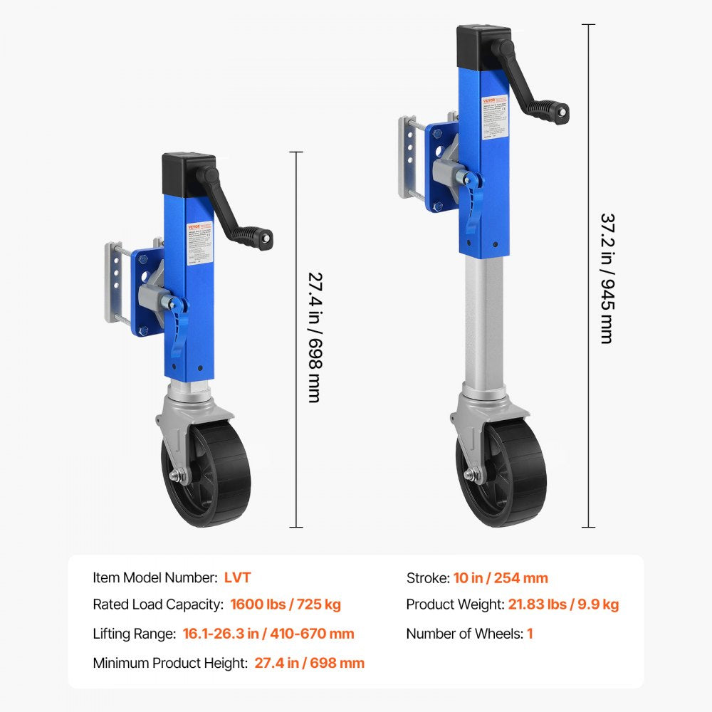 LVT - 1600 lbs Heavy-Duty Aluminum Trailer Jack with PP Wheel