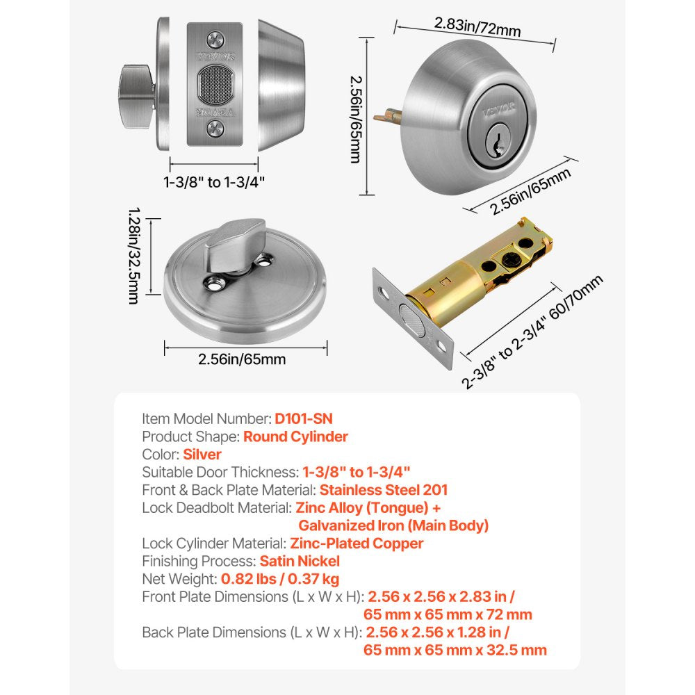 D101-SN - Durable Satin Nickel Deadbolt for Standard Doors 1-3/4” Thick