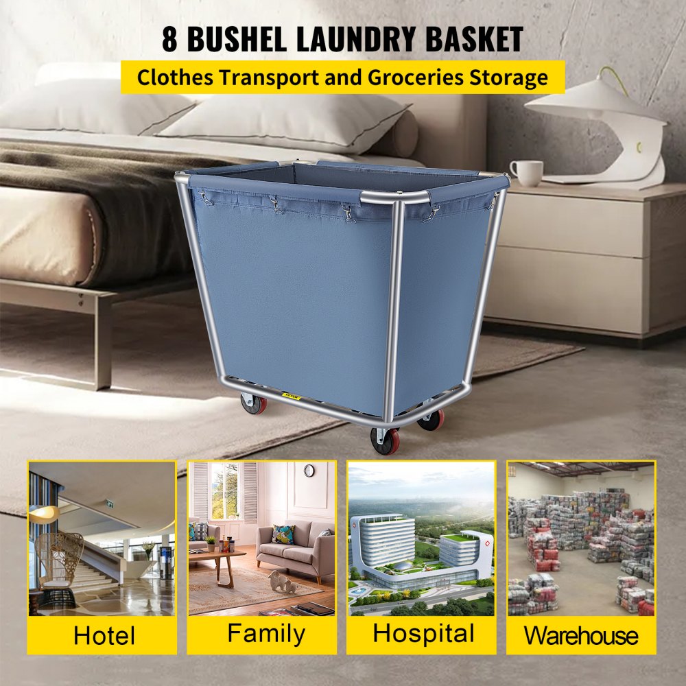 YWQXB-8BUBLUE - Durable 8-Bushel Blue Laundry Cart with Stainless Steel Frame