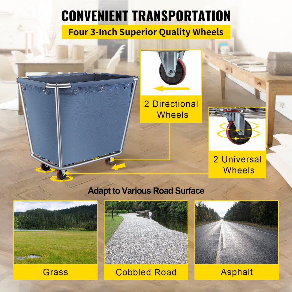 YWQXB-8BUBLUE - Durable 8-Bushel Blue Laundry Cart with Stainless Steel Frame