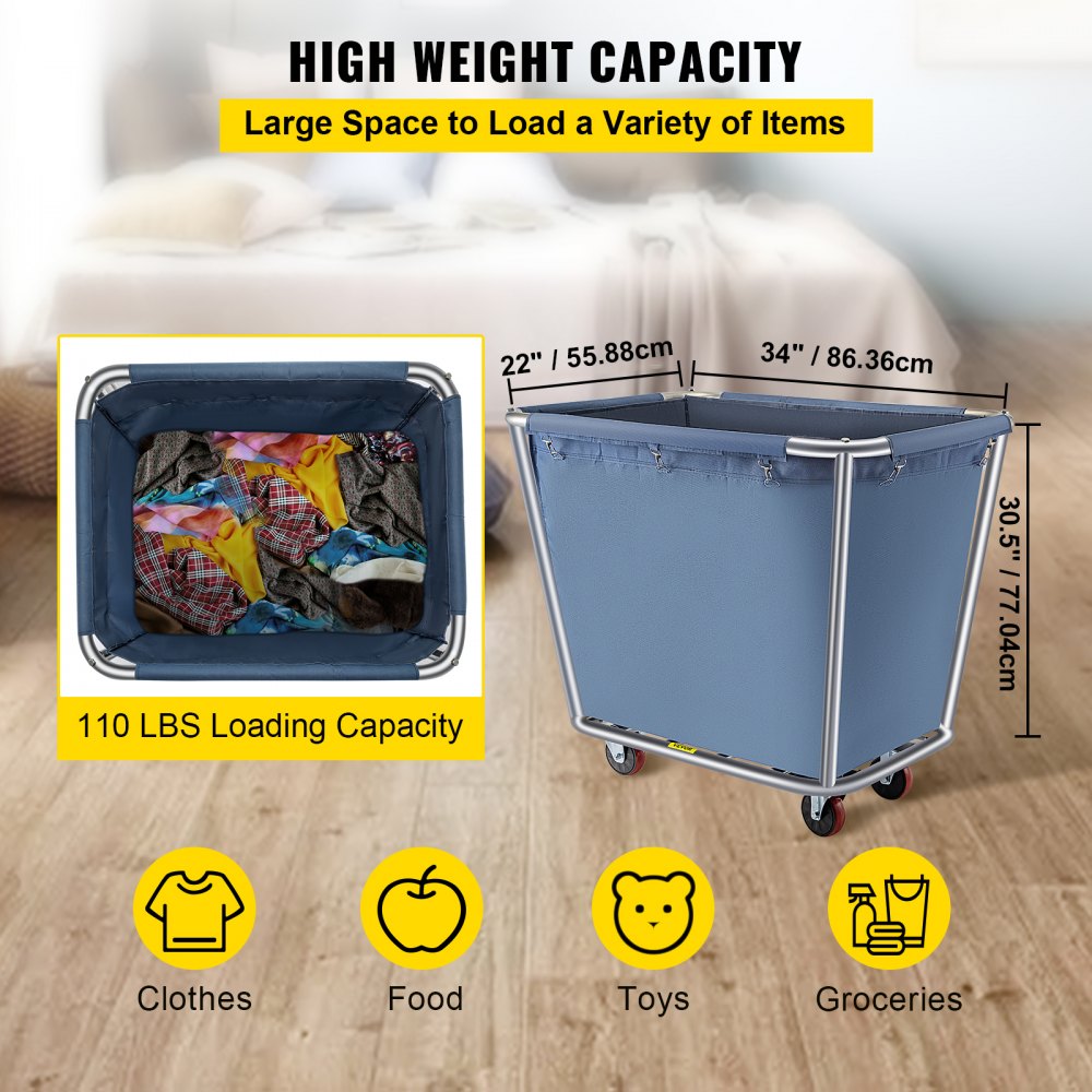 YWQXB-8BUBLUE - Durable 8-Bushel Blue Laundry Cart with Stainless Steel Frame
