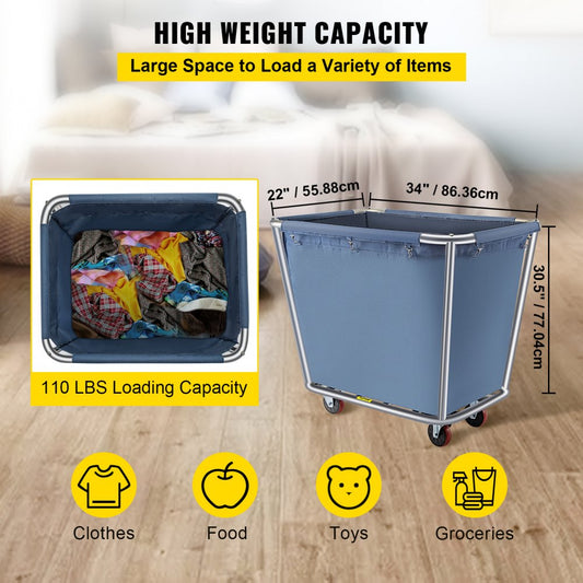 YWQXB-8BUBLUE - Durable 8-Bushel Blue Laundry Cart with Stainless Steel Frame