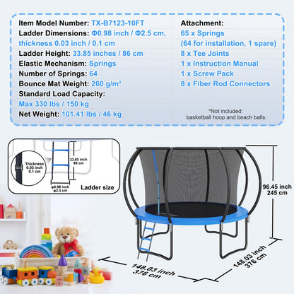 TX-B7123-10FT - 10FT Safe Trampoline for Kids & Adults, 330 lbs Capacity