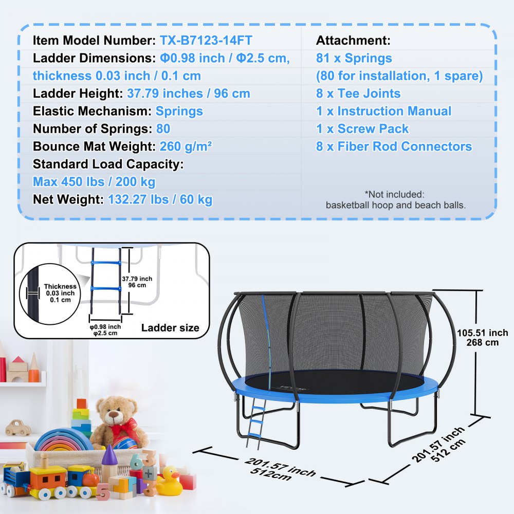 TX-B7123-14FT - 14FT Heavy-Duty Trampoline with Safety Enclosure, 450 lbs Capacity