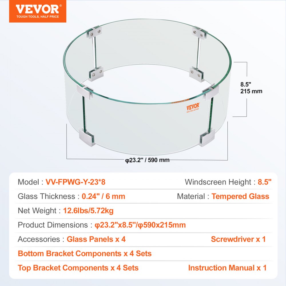 VV-FPWG-Y-23*8 - 23x8" Tempered Glass Fire Pit Wind Guard