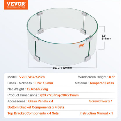 VV-FPWG-Y-23*8 - 23x8" Tempered Glass Fire Pit Wind Guard