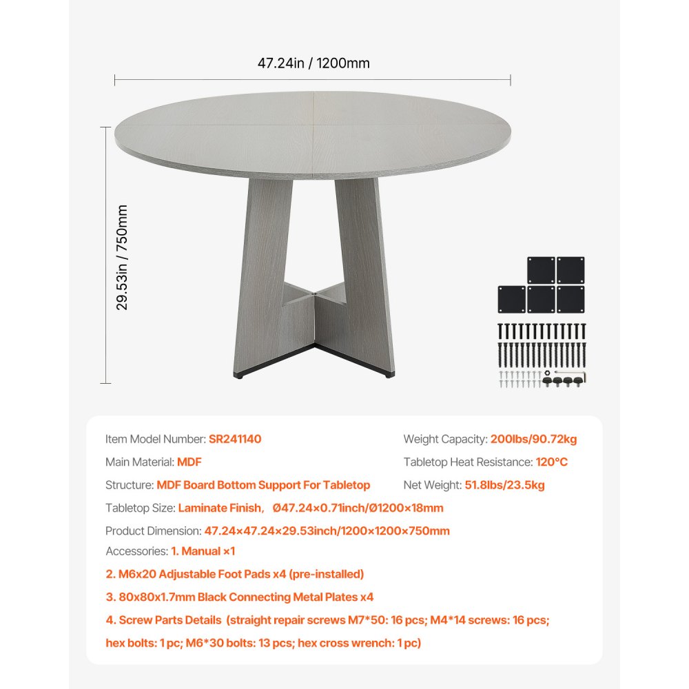 SR241140 - 47" Grey MDF Round Dining Table for 4-6 People