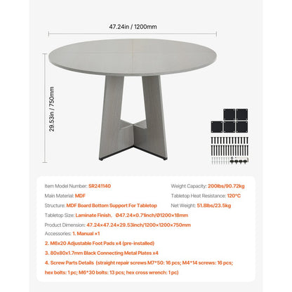 SR241140 - 47" Grey MDF Round Dining Table for 4-6 People
