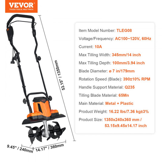 TLEG08 - VEVOR 10 Amp Compact Electric Tiller for Small Gardens, 14" Wide