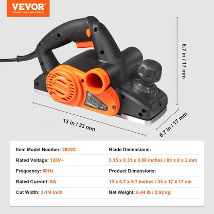 2822C - 3-1/4" VEVOR Electric Hand Planer, 6A Motor, 16,500 RPM