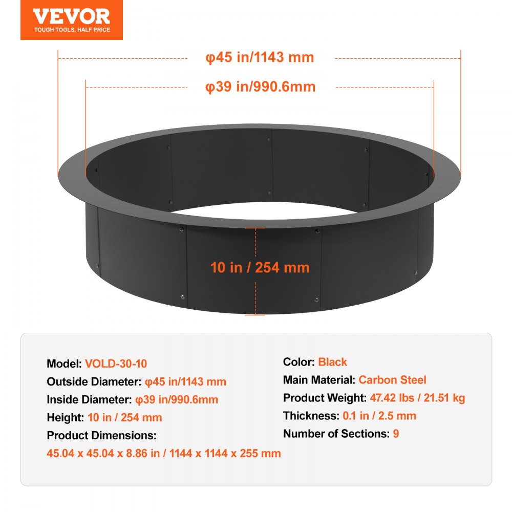 VOLD-39-10-2.5 - 44" High-Temperature Steel Fire Pit Ring for Outdoor Use