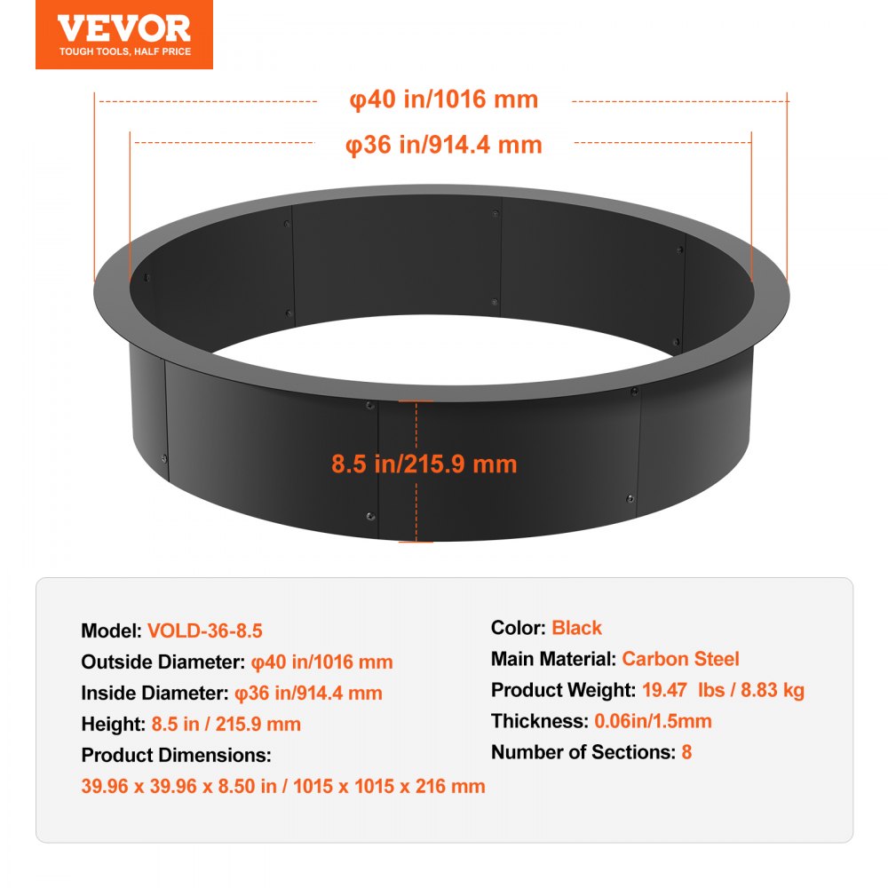 VOLD-36-8.5 - 40" Durable Carbon Steel Fire Pit Ring for Outdoor Use