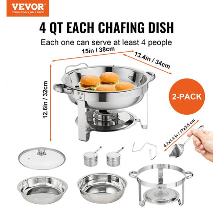 DT-C1036 - 2-Pack 4Qt Round Stainless Steel Chafing Dishes with Lids