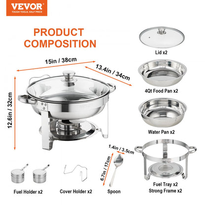 DT-C1036 - 2-Pack 4Qt Round Stainless Steel Chafing Dishes with Lids