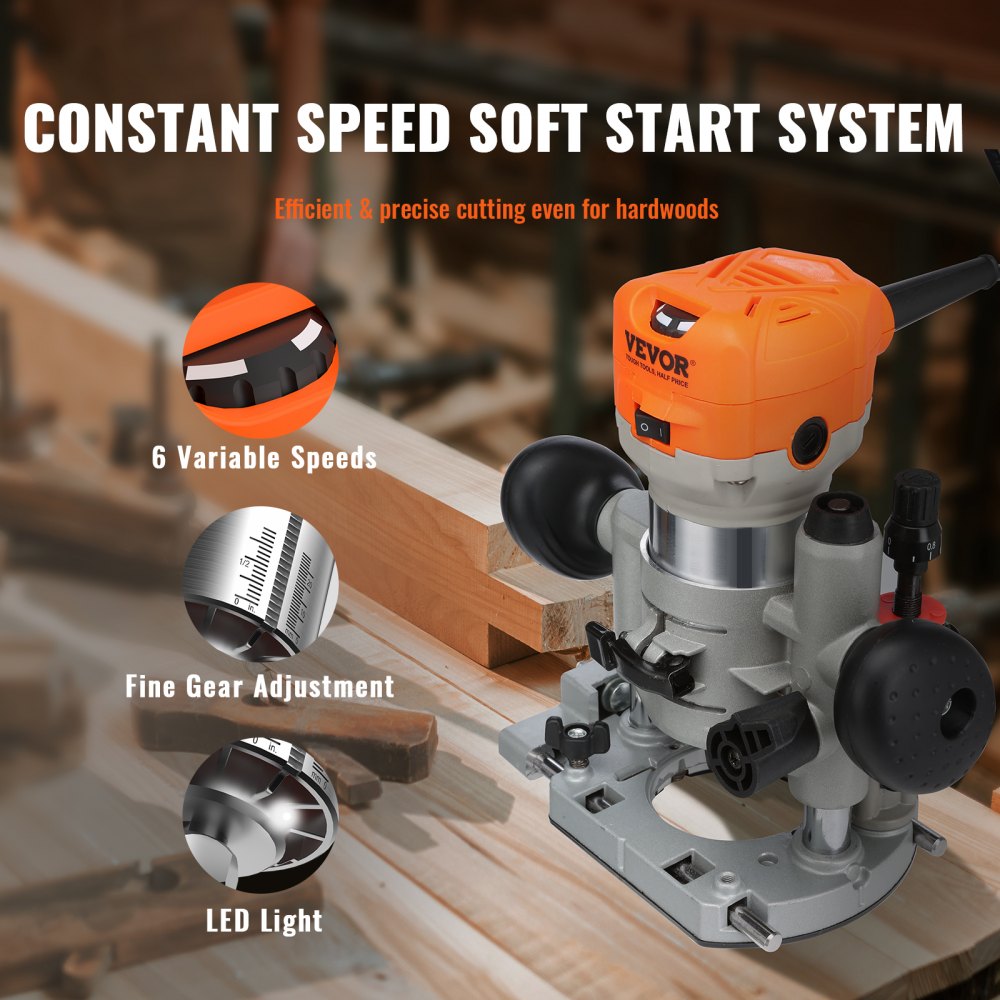0700C - VEVOR 1.25HP Compact Wood Router with LED & Variable Speeds