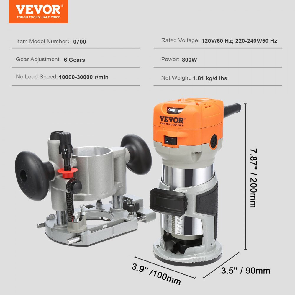 0700C - VEVOR 1.25HP Compact Wood Router with LED & Variable Speeds
