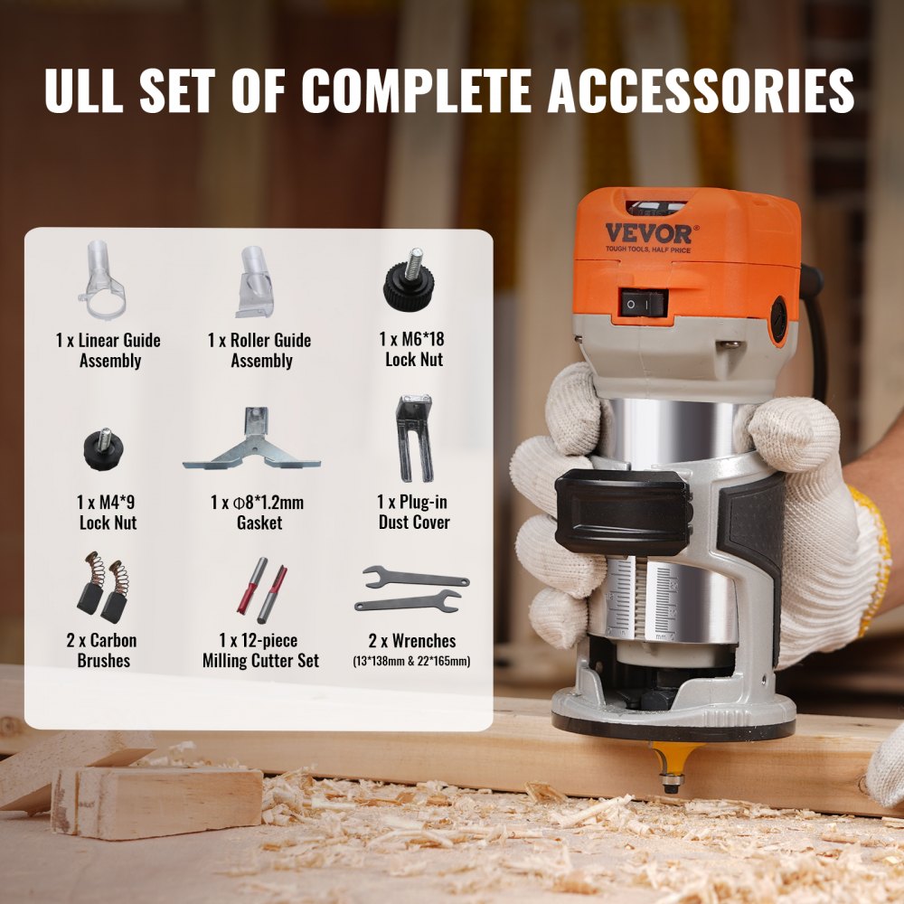 0700C - 1.25HP VEVOR Wood Router, 30,000 RPM, Compact & Versatile