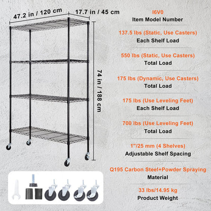 I6V0 - Heavy-Duty Storage Shelving Unit on Wheels, 700 lbs Capacity
