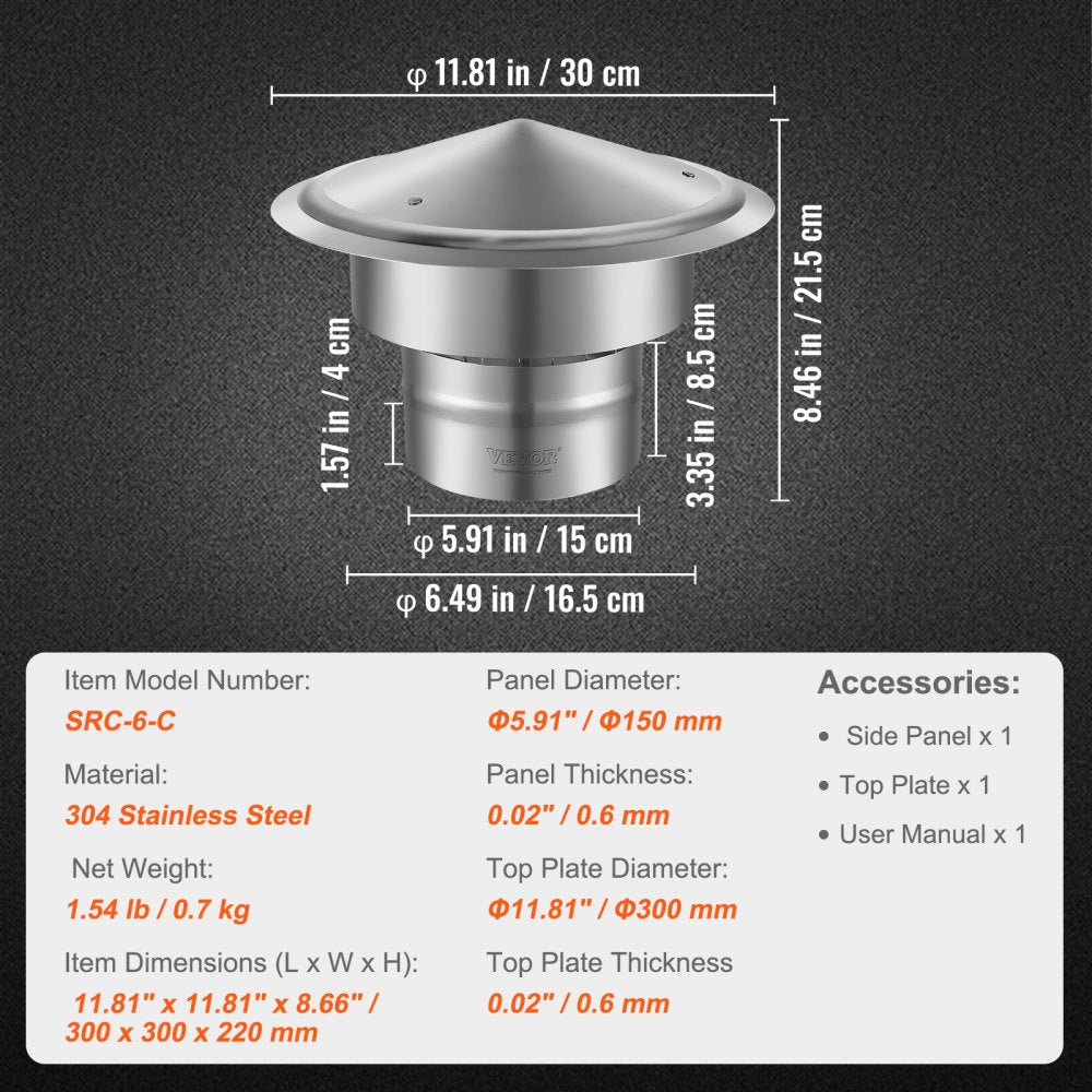 SRC-6-C - 6-Inch 304 Stainless Steel Chimney Cap for All Weather Protection