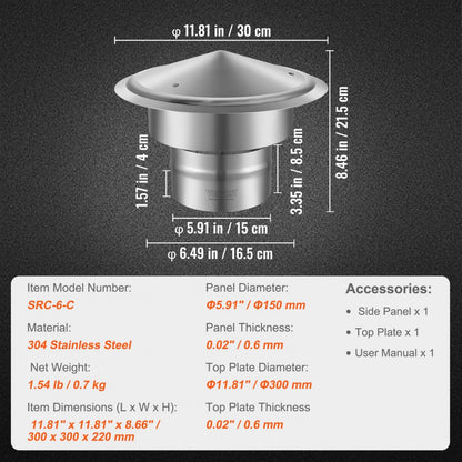 SRC-6-C - 6-Inch 304 Stainless Steel Chimney Cap for All Weather Protection
