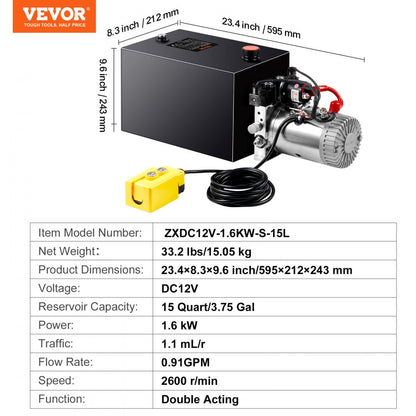 ZXDC12V-1.6KW-S-15L - 15-Quart VEVOR Hydraulic Pump with 3200 PSI Power
