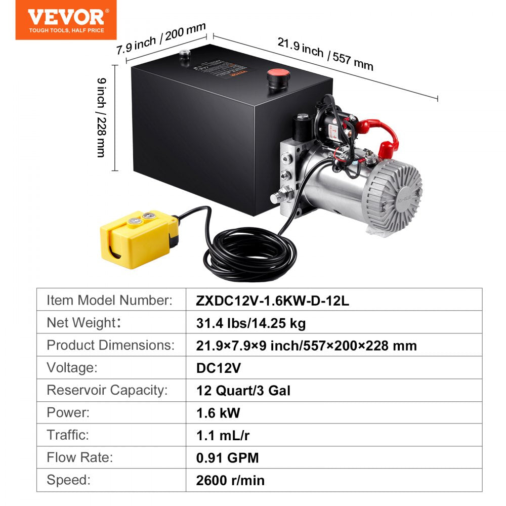 ZXDC12V-1.6KW-D-12L - 12 Quart 3200 PSI Hydraulic Pump for Dump Trailers